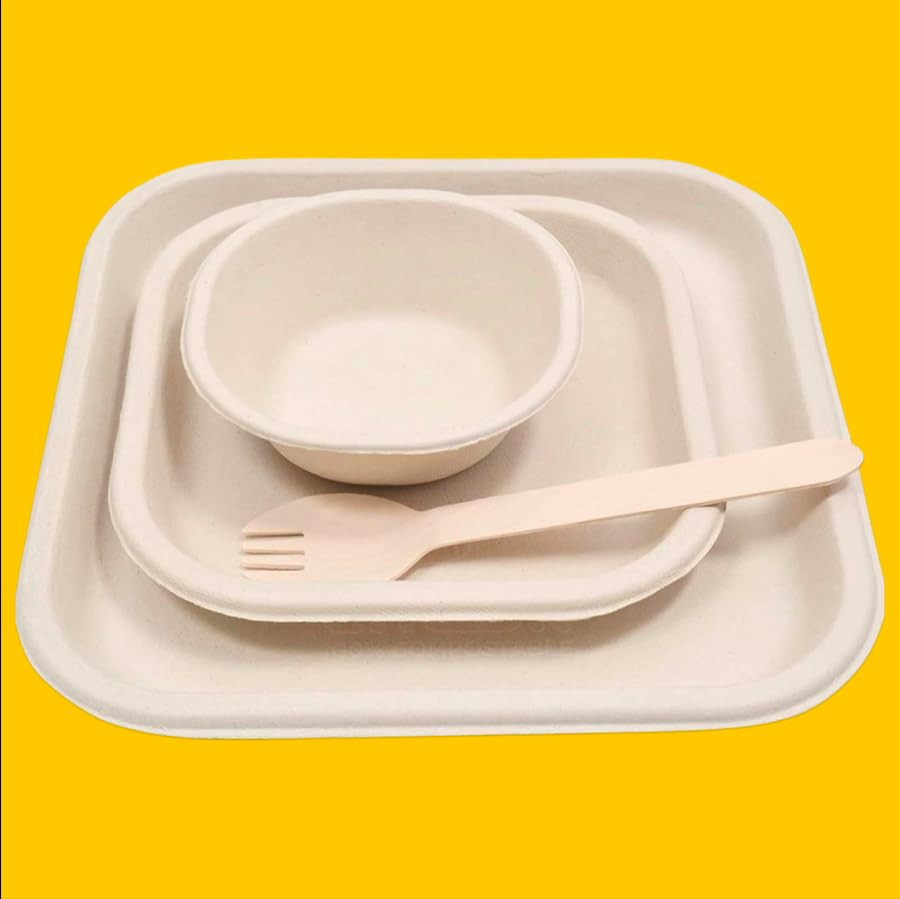 Image of VIK Sugarcane Bagasse Disposable Plates Set (60 Pieces), Square Plates 10 Inch (15), Square Plates 7 Inch (15), Bowls (15), Sporks (15), Brown Party Disposal Biodegradable