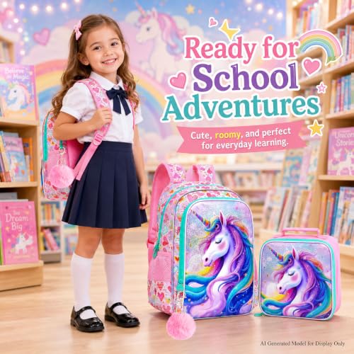 Image of CCJPX 3Pcs Unicorn Backpack, 16 inch Kids Girls Bookbag with Lunch Box, Water Resistant Elementary School Bag for Kindergarten Preschool Toddler (Pink)