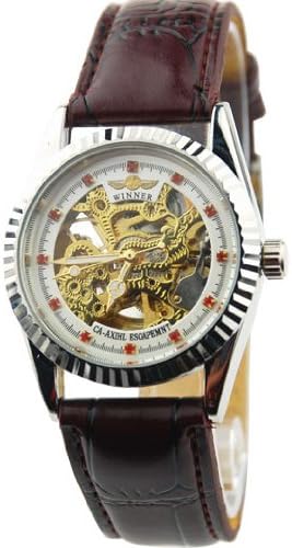 Fashion Classic Personality Watch Lady Crystal Embed Absorb Light Oil Analog Display Automatic Mechanical Leather WY8029 Red-brown Belt Yellow-silver Dial