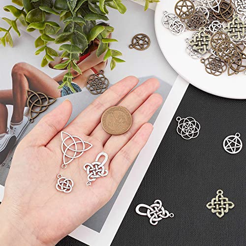 SUNNYCLUE 1 Box 60Pcs 10 Styles Celtic Knot Charms Pendants Pagan Chinese Trinity Knot Flower of Life Chakra Tibetan Style Alloy Hollow Pendants for Crafts Making Supplies Antique Silver Bronze - Image 4