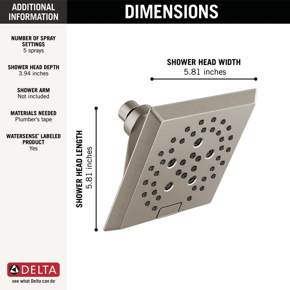 Delta Faucet 5-Spray H2Okinetic Raincan Shower Head, Brushed Nickel Showerhead, Square Shower Head, Delta Shower Head, Water Saving Shower Head, Lumicoat Stainless 52664-SS-PR