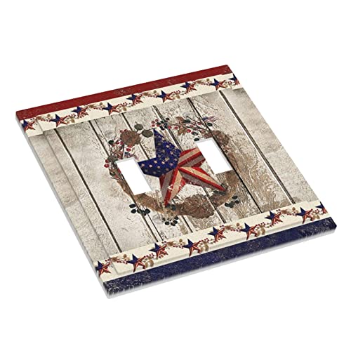 Patriotic Barn Star American Flag Rustic Wood 2 Gang Toggle Light Switch Cover Decorative Double Wall Plate Electrical Switchplate Size 5 X 4.9 In Faceplate For Bathroom Home Room Decor #TOP2