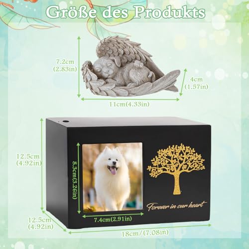 Exquilnova Tierurnen für Hunde, Holz Schwarz Urne Hund, Hunde Urne mit Hund Engel und Fotorahmen, Gedenkbox für Asche Katze und Andere Haustiere – zur ewigen Erinnerung (Hundeengel)