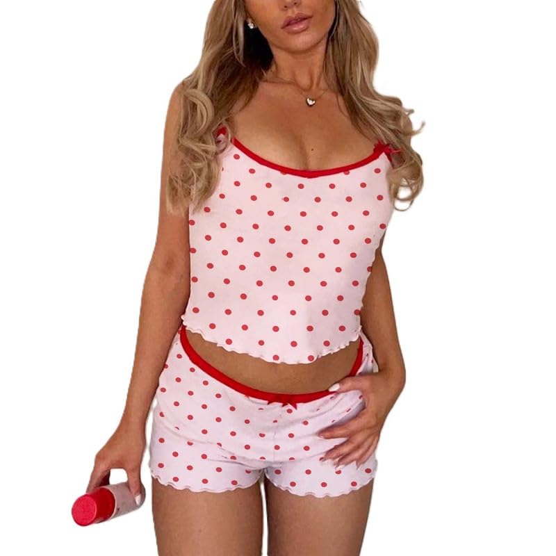Image of Womens Y2K Cute Print Cami Pajama Sets Lace Trim V Neck Tank Top Shorts Set Bow Heart Print 2 Piece Sleepwear