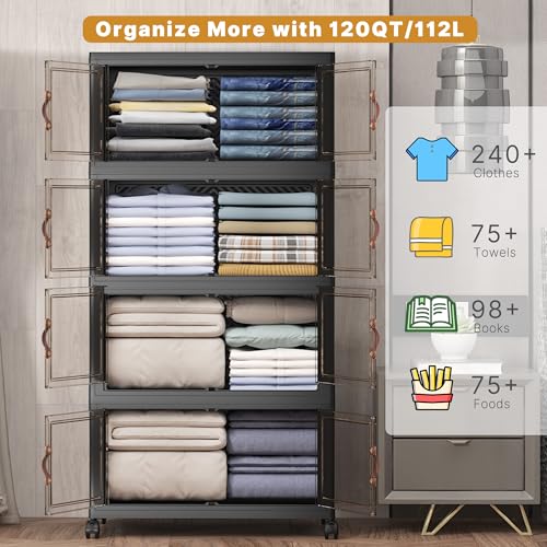 Image of UAMFURI Extra Large Stackable Storage Bins with Lids & Wheels, 480QT-120QT /30GAL*4Pack Foldable Collapsible Closet Organizers Storage Cabinet with Doors for Bedroom Dorm