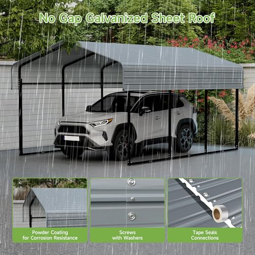 Image of Real Relax 10x15FT Heavy Duty Metal Carport, Outdoor Carport Canopy with Galvanized Steel Roof and Reinforced Base for All-Weather, Garage Shelter Shade for Trucks, Boats, Party, Gray