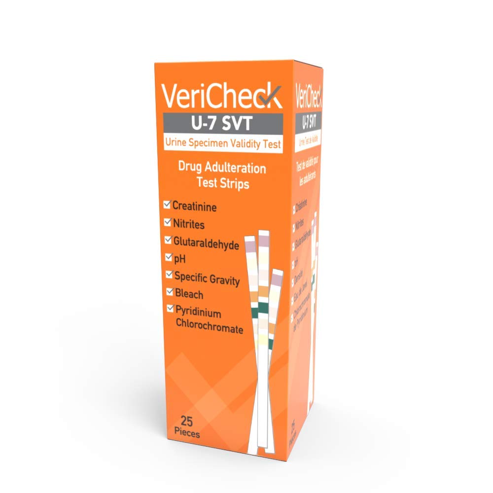 Urine Specimen Validity Test (SVT) Strips - Check for Specimen adulteration - pH - Creatinine - Glutaraldehyde - Nitrites - Oxidants - PCC - Specific Gravity - 25 Strips/Bottle CLIA-waived