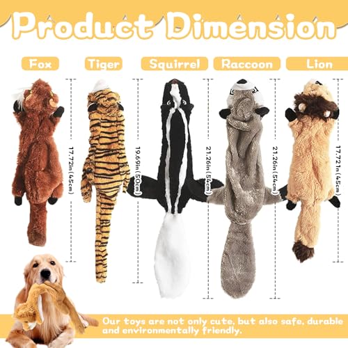 YAUYAP Dog Squeaky Toys, 5 Pack, No Stuffing Plush Animals for All Breeds, Interactive Chew Toys with Crinkle, Squeakers - Image 3