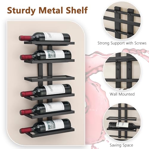 Image of Hoctieon 2-Set 6 Tier Wall Mount Wine Rack (12 Tiers), Wall Racks for Wine Bottles Display and Storage, Hanging Bottle Organizer for Living Room, Dining Room, Wine Cellar, Bar, Black