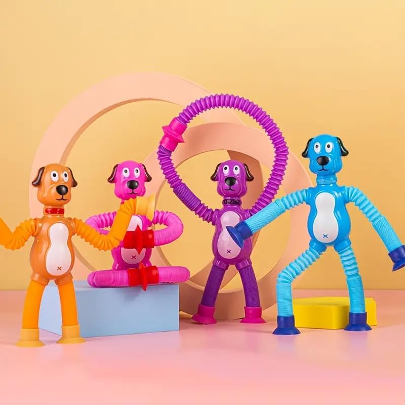 SANTALON Telescopic Suction Cup Kids Travel Toys for Flight Pull String Toys for Babies for Boy Girls Robot Light Tube Toddlers Gift Unique Pop Tube Kids (Dog (Pack of 2)) 3
