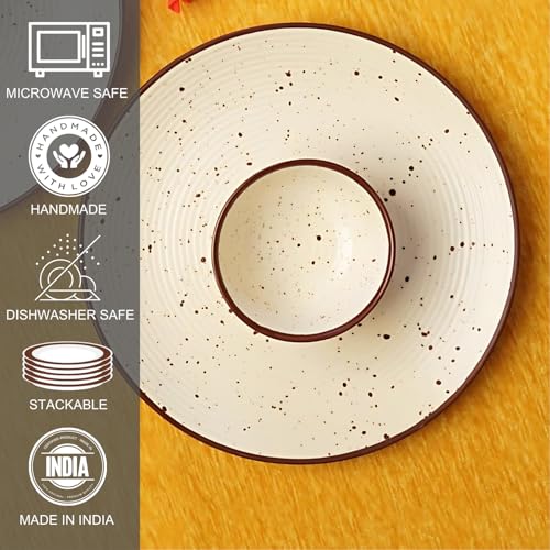Image of Freakway Handcrafted Off White Stoneware Pack of 9 Pieces Ceramic Dinner Set 4 | Crockery Set for Dining Table | 4 Dinner Plates, 4 Bowl /katori & 1 Serving Bowl | Microwave & Dishwasher Safe