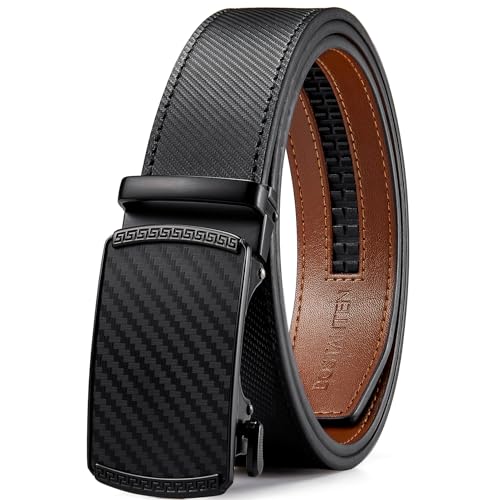 Image of BOSTANTEN Ratchet Belts for Men Leather Trim to Fit 1 3 /8 inch Gift Boxed | Micro-Adjustable Buckle, Tailored Size, Holeless, Versatile for Dress Casual, Effortless Style