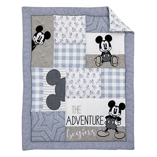 Image of Disney Mickey Mouse - Call Me Mickey Blue, White, and Gray The Adventure Begins Stars and Gingham 3 Piece Nursery Crib Bedding Set - Comforter, 100% Cotton Fitted Crib Sheet, and Crib Skirt
