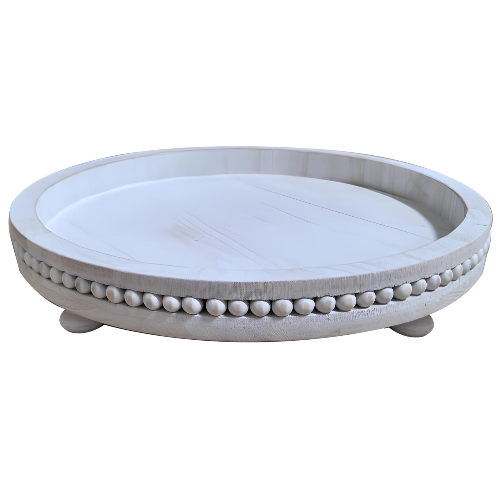 Packool Rustic White Distressed Wooden Tray, 12 Inch Round Coffee Table Decor Tray, Smooth Surface, Elegant Farmhouse Style, Non-Slip Base, Perfect for Home Decor and Organizing