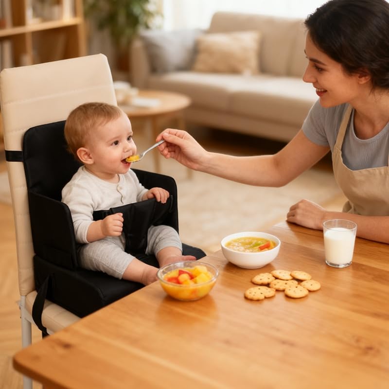 Booster Seat for Dining Table for Toddler Kid Baby, Adjustable Kids Breathable Booster Seat for Kitchen with Backrest and Adjustable Straps, Sage (Black)