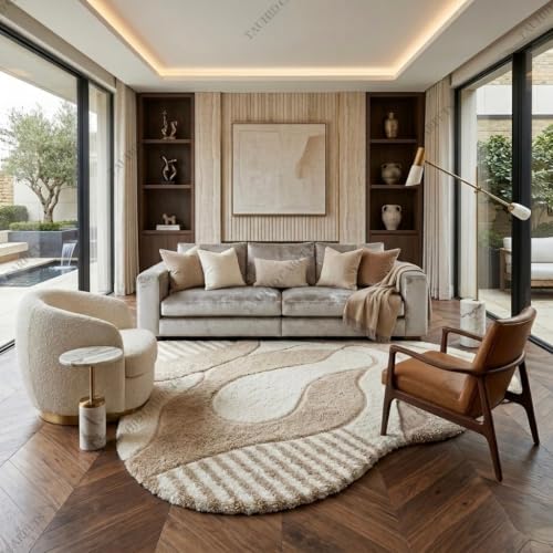 Image of Tauhid Carpet Super Soft Microfiber Shaggy Area Rug | Modern Irregular Abstract Beige & Cream Plush Carpet | Fluffy Floor Rug for Living Room, Bedroom 6 x 8 Feet.