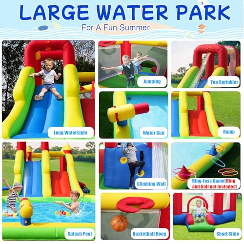 10-in-1 Inflatable Water Park - Giant Bounce House with 2 Water Slides, Big Splash Pool, Water Cannons, Climbing Wall, Tunnels & Obstacle Course for Endless Fun