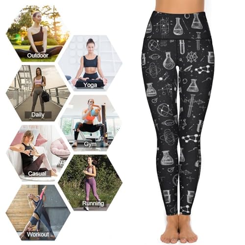 Yoga Pants with Pockets for Women - Science Lab Doodle Pattern Print Gym Workout Leggings for Women Tummy Control4