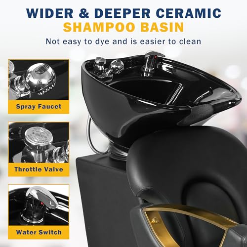 Image of Backwash Shampoo Station Chair for Salon, Adjustable Porcelain Ceramic Hair Wash Bowl, Shampoo Bowl for Spa Beauty Hair Salon Home Equipment