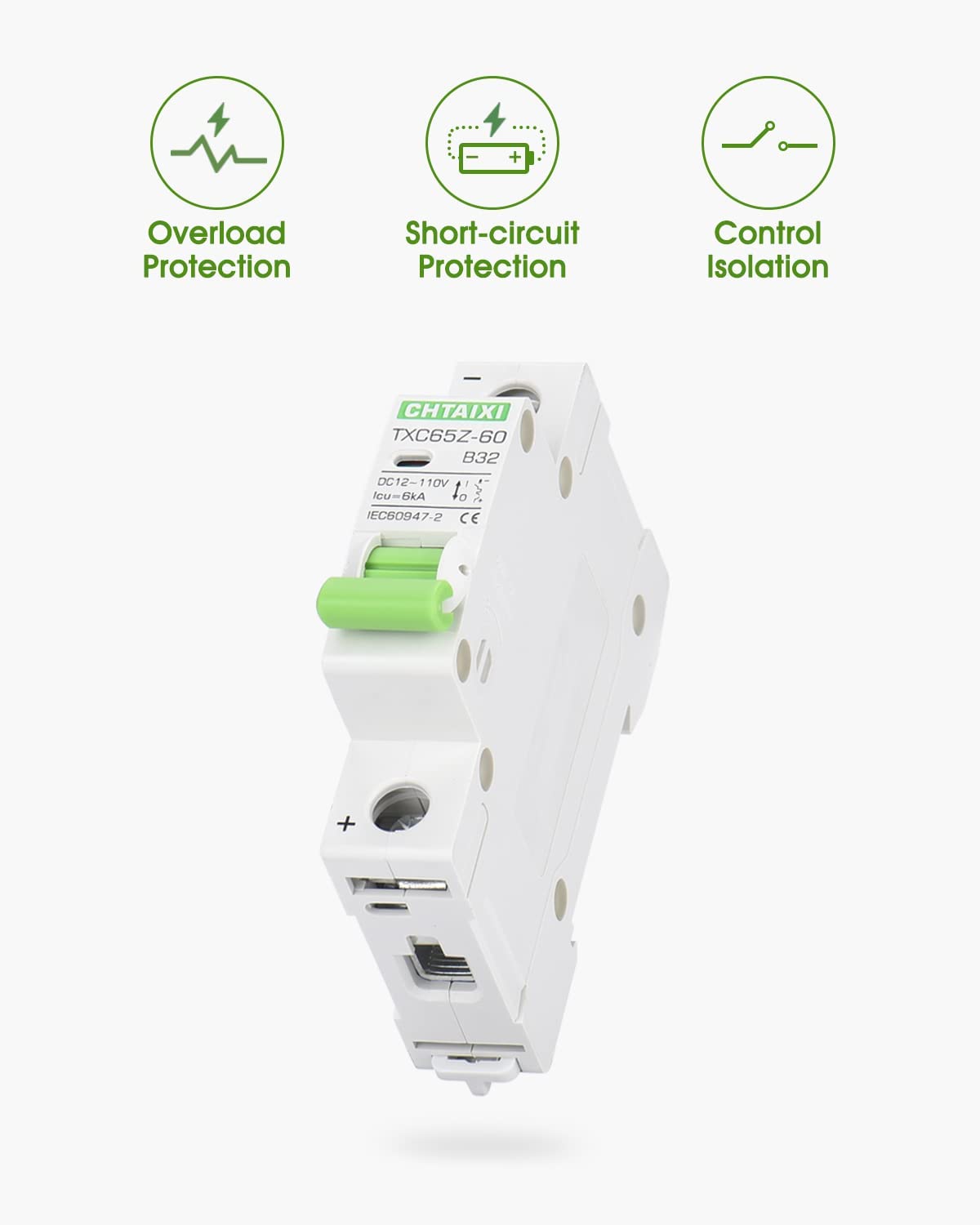 Interruttore automatico in miniatura, 12 V-110 V CC, 32 Amp 1 polo, protezione per interruttore batteria per sistemi solari fotovoltaici e camper, viaggio magnetico termico, montaggio su guida DIN