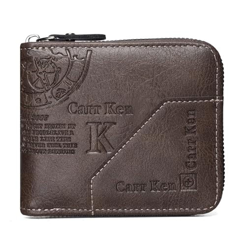 Image of Mens wallet Leather wallet men Wallet Zipper RFID Bifold Wallet for Men ID card Window Credit Card Coin Photo Multifunction Card Slots Gift for Him,Light Brown