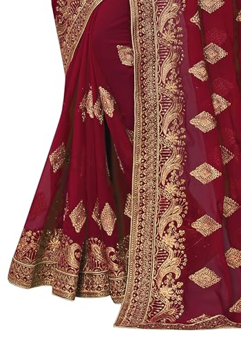 Image of B BELLA CREATION Women's Maroon Georgette Saree with Heavy Golden Embroidery Work & Unstitched Blouse Piece