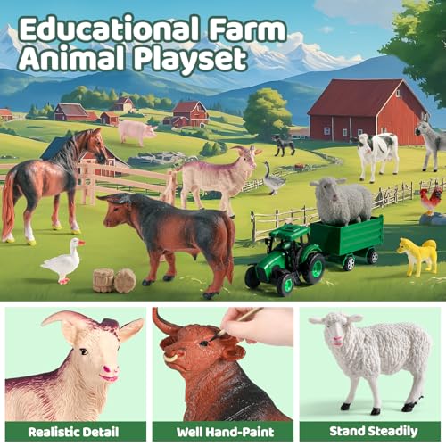 KNASON Bauernhof Spielzeug,23 Stück Bauernhoftiere Set mit Realistischen Tiere Figuren,Traktor Spielzeug und Zaun Montieren,Pädagogische Bauernhof Spielsets Geschenk für Kinder Kleinkind ab 3 Jahre