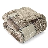 Pavilia Taupe Plaid Sherpa Throw Blanket - Plus Plush Flannel Fleece Blanket - Warm Cabin Sofa Bed Winter Throws 50x60