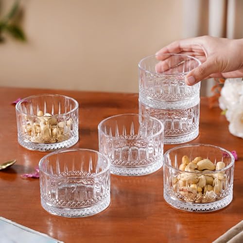 Image of Nestasia Ribbed Glass Dessert Bowls Set of 6 (220ml Each) - Transparent Katori for Ice Cream | Microwave Safe Snack Bowls with Gift Box - Perfect for Gifting
