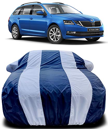 Image of PURPLEHEART Car Body Cover Compatible with Skoda Octavia Combi Car Cover Body with Mirror Pocket Triple Stitched Bottom Elastic Water Resistant UV Protection & Dustproof Car Cover-Blue & White