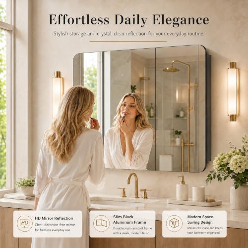 Image of 30x26 Black Medicine Cabinet with Mirror, Recessed & Surface Mount