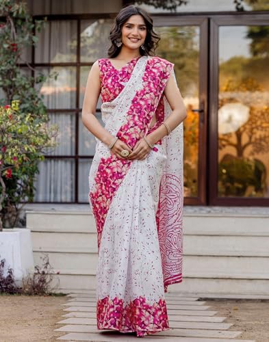 Image of SIRIL Women's Cotton Printed Saree with Unstitched Blouse Piece