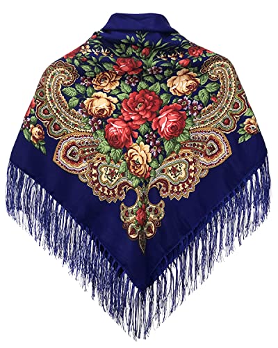 KINGREE Tassel Scarf, Large Square Shawl, Women's Traditional Retro Scarf Wrap Tassel Fringes, Floral Printing Shawl2
