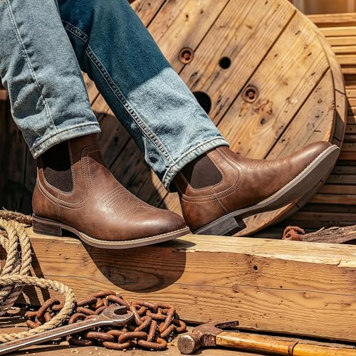 Image of J's.o.l.e Chelsea Cowboy Boots for Men Round Toe Western Slip on Boot Dress Casual Work Ankle Boots Brown