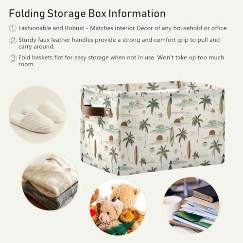 Image of Aslsiy Storage Basket Hawaii Palm Surf Nursery Bins Brown Baby Box Canvas Clothes Shelf Basket Laundry Hamper Gift Baskets for Home Closet 2 Pcs