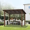 LUE BONA 10x12 Hardtop Gazebo, Outdoor Pergola Metal Roof Gazebo with Wooden Frame, Patio Gazebo Canopy with Curtains, Permanent Pavilion Grill Gazebo for Deck, Patio, Backyard, Garden