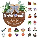 Duomspiace Welcome Sign Front Door, Easter Wall Rustic Farmhouse Decor for Indoor Outdoor Use, Primitive Country Style, Handcrafted, Spring Wreath with Bow - 12 in.