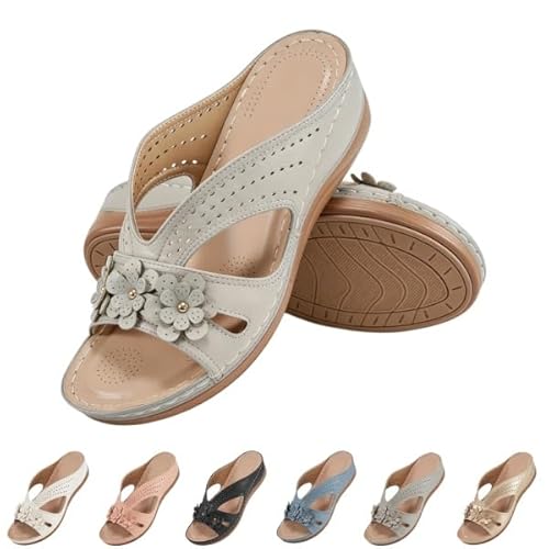 Orthopedic Wedge Slip On Sandals for Women Arch Fit Sandals Breathable Synthetic Cover with Floral Cut-Out Design (Grey,24.0 cm)