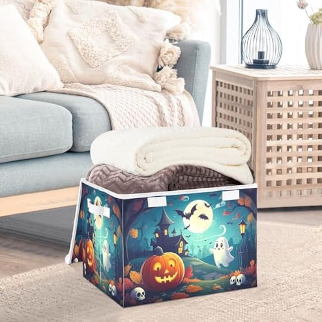 STAYTOP Halloween Decorations Storage Bins with Lids and Carrying Handle,Halloween Pumpkin Foldable Storage Boxes Organizer Containers Baskets for Home Bedroom Closet Office Nursery