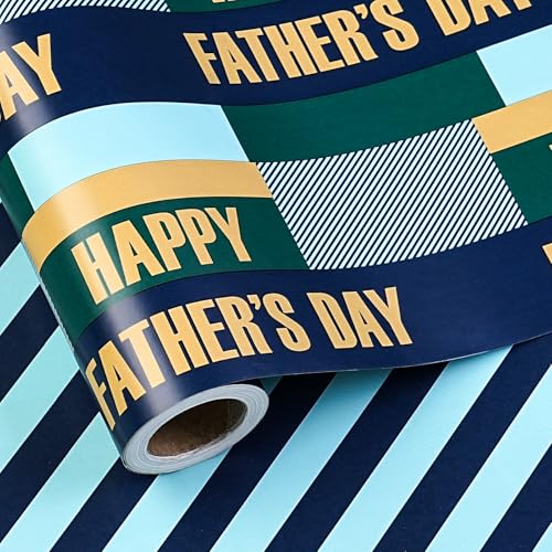 LeZakaa Fathers Day Wrapping Paper Roll Reversible Blue Stripe & Happy Fathers Day Design Gift Wrap for Dad Husband Grandpa Mini Roll 17 In x 16.4 Ft