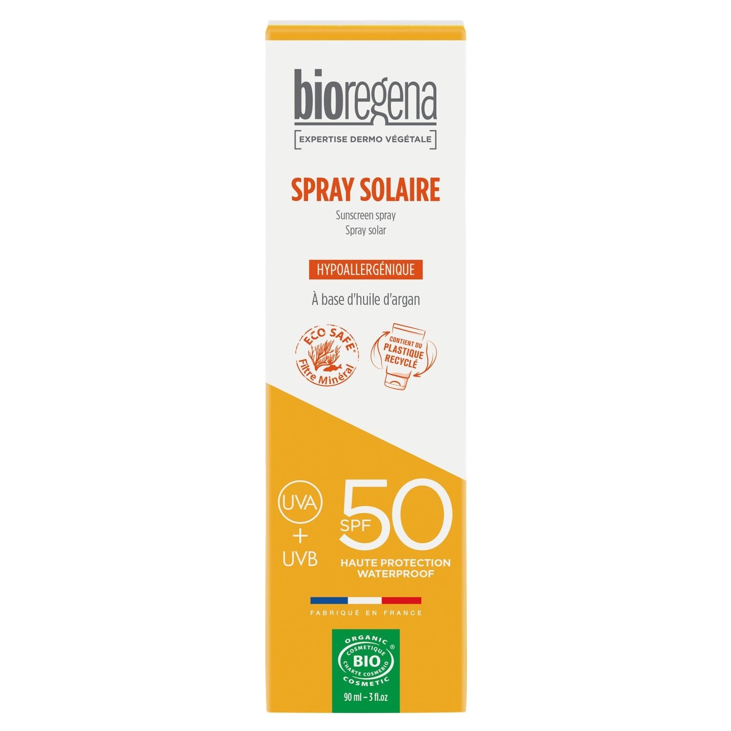 BIOREGENA – Protection Solaire SPF 50 Hypoallergénique, Spray Corps & Visage au Bio Argan (90mL) L'unité
