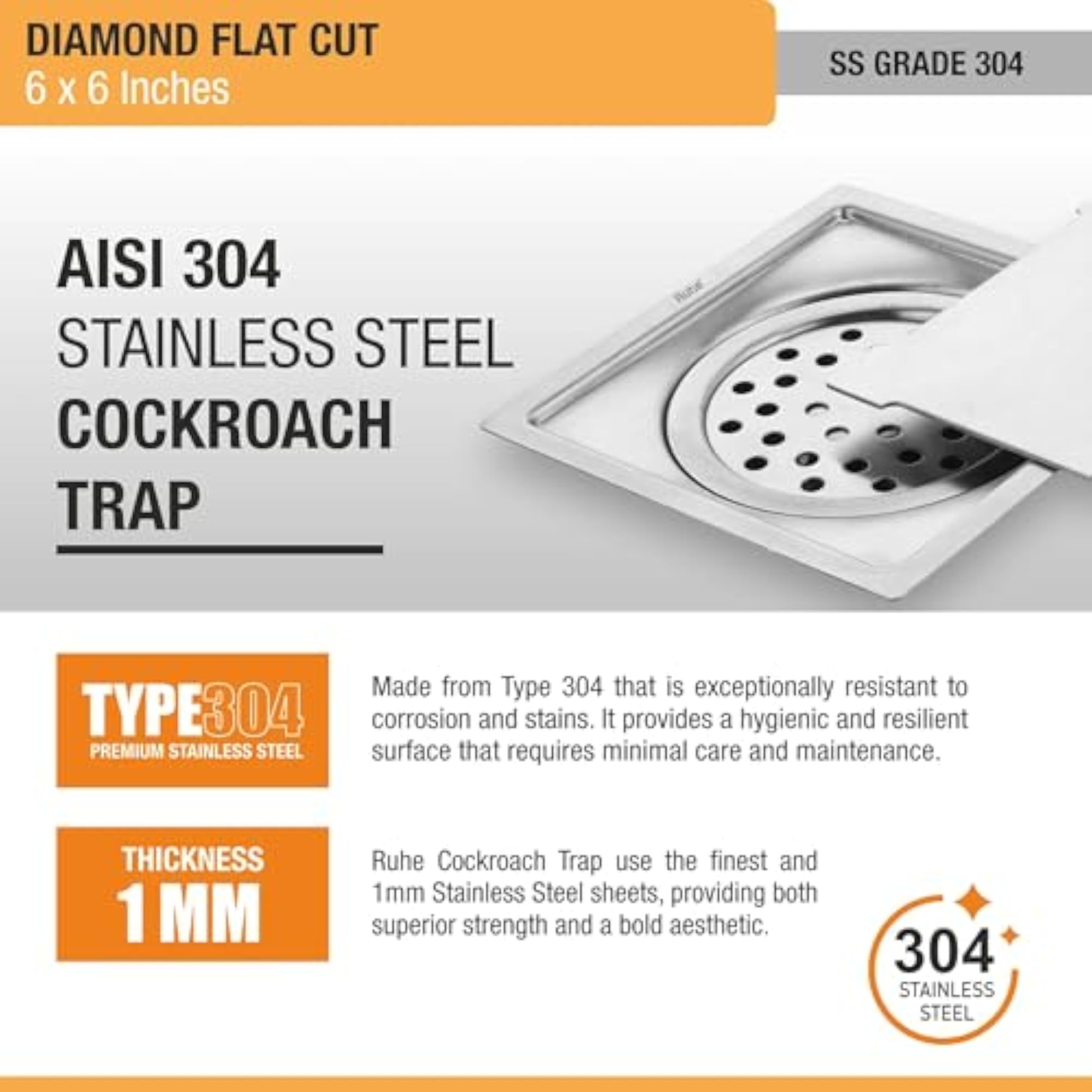 304-Grade Stainless Steel Square Flat Cut Floor Drain