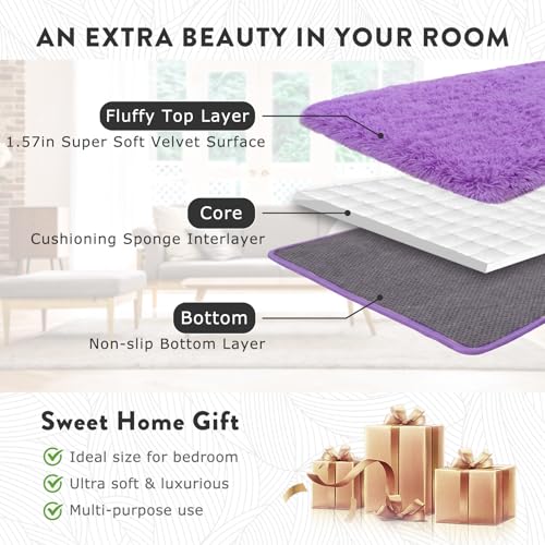Fluffy Shag Rug, 5x7 Purple Indoor Modern Shaggy Area Rug, Non-Slip Rectangular Fuzzy Carpet for Girls Kids Nursery Bedroom Living Room, Soft Plush Rug for Home Decor