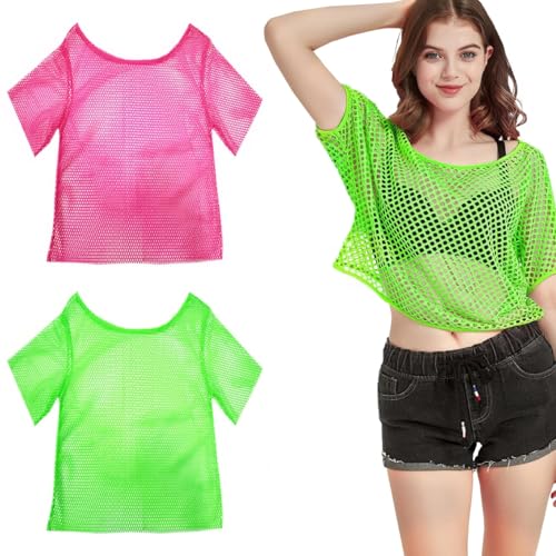 2 Stück Netzshirt Damen 80er Jahre Outfit Damen Pinkes Netzoberteil Damen 80er Netzoberteil Neon Outfit Damen 80er Neon Shirt Damen Ausgestattet Mit...