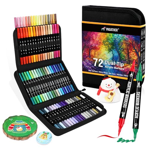 Pagather 72 Colors Acrylic Paint Markers, Dual Tip with Fine Tip and Brush Tip Pens for Stone, Wood, Calligraphy, Canvas, Ceramic, Metal, Glass, Rock Painting, DIY Crafts Art Supplies Kit