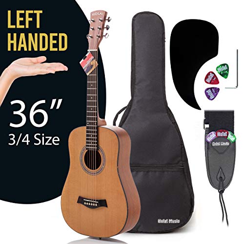 Left Handed 3/4 Size (36 Inch) Acoustic Guitar Bundle Junior Series By Hola! Music With D'addario Exp16 Steel Strings, Padded Gig Bag, Guitar Strap And Picks, Model Hg-36Lft, Natural Satin Finish #TOP1