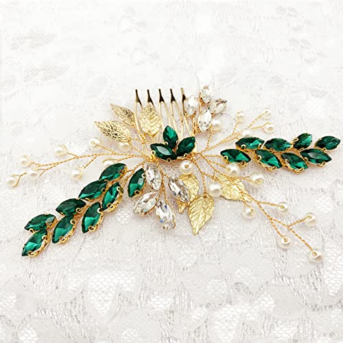 Bride Wedding Hair Comb Crystal Rhinestone Pearls Silver Leaf Hair Piece Accessories For Women Girls Homecoming Party (Green) #TOP4