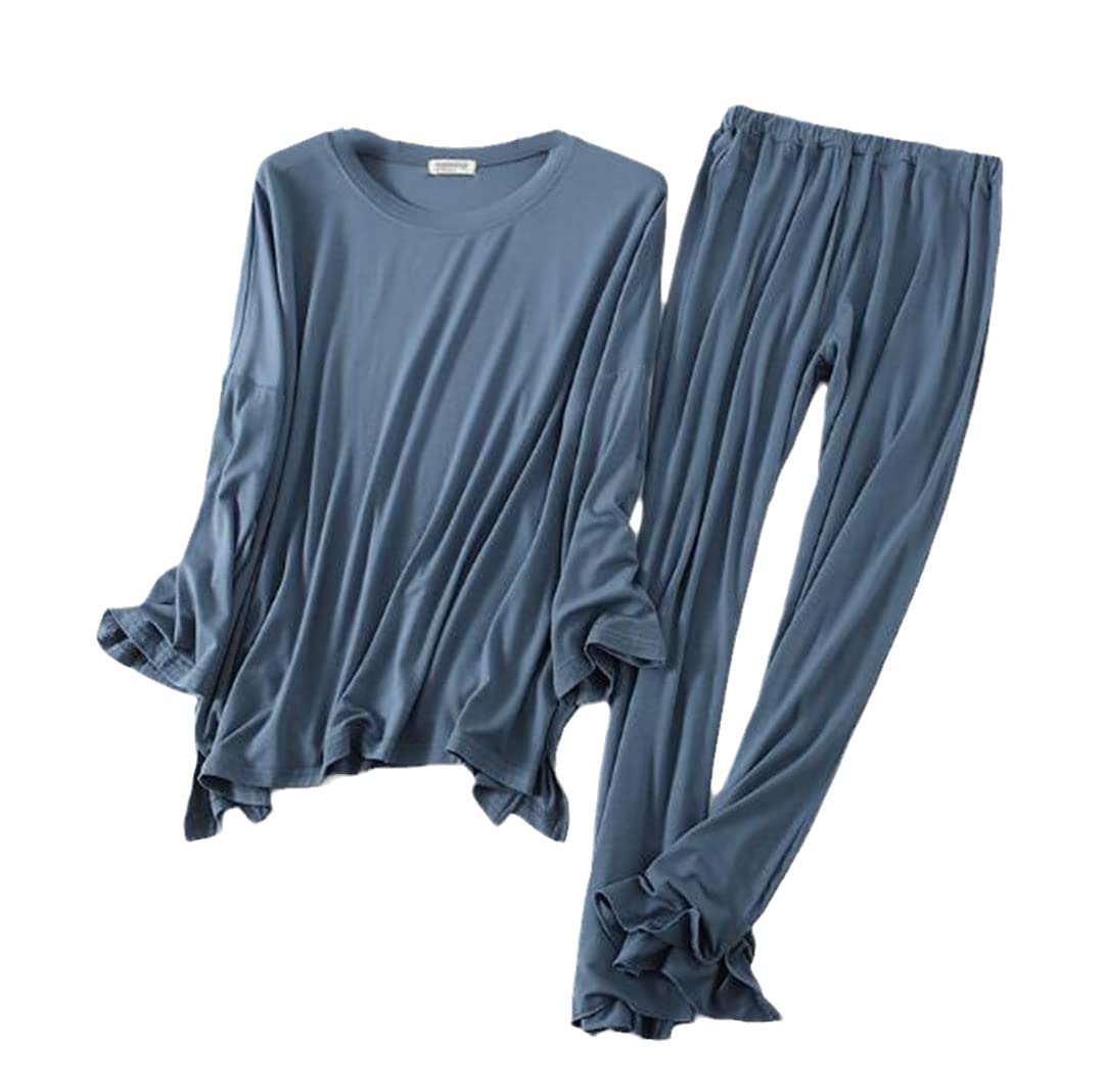 Conjunto de pijama de manga larga de algodón modal cómodo otoño e invierno para mujer, azul vaquero, L