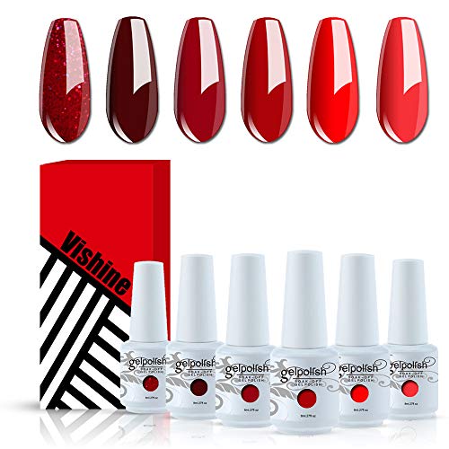 Vishine Glamour Red Gel Nail Polish Kit 8ML 6 Bottles Soak Off Nail Gel Polish Manicure Series UV LED Lamp Required Gift Box Nail Art