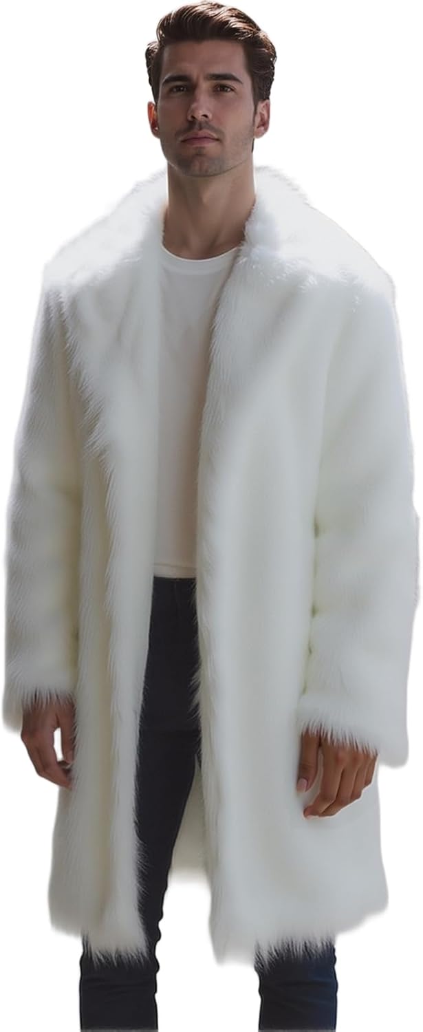 Colf Men's Winter Long Sleeve Turn Collar Faux Fur Coat Outwear Long Parka Jacket Overcoat Medium White